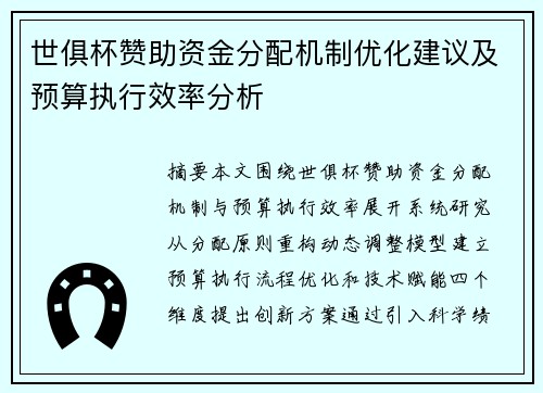 世俱杯赞助资金分配机制优化建议及预算执行效率分析
