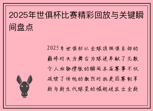 2025年世俱杯比赛精彩回放与关键瞬间盘点